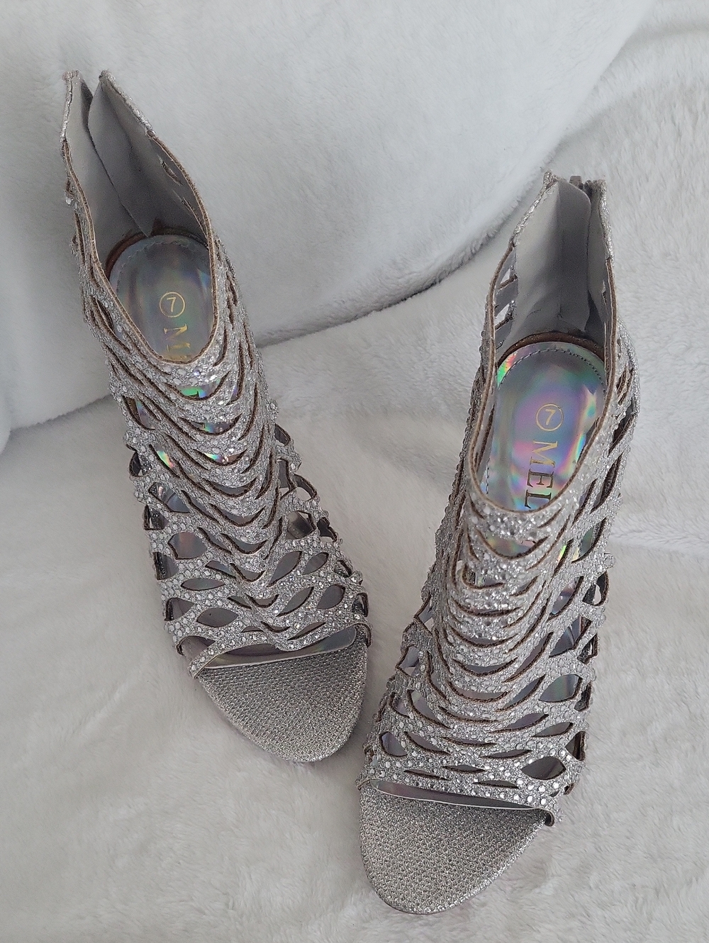 MELLY Silver Glitter Cutout High Heel Sandals - Women Size 7